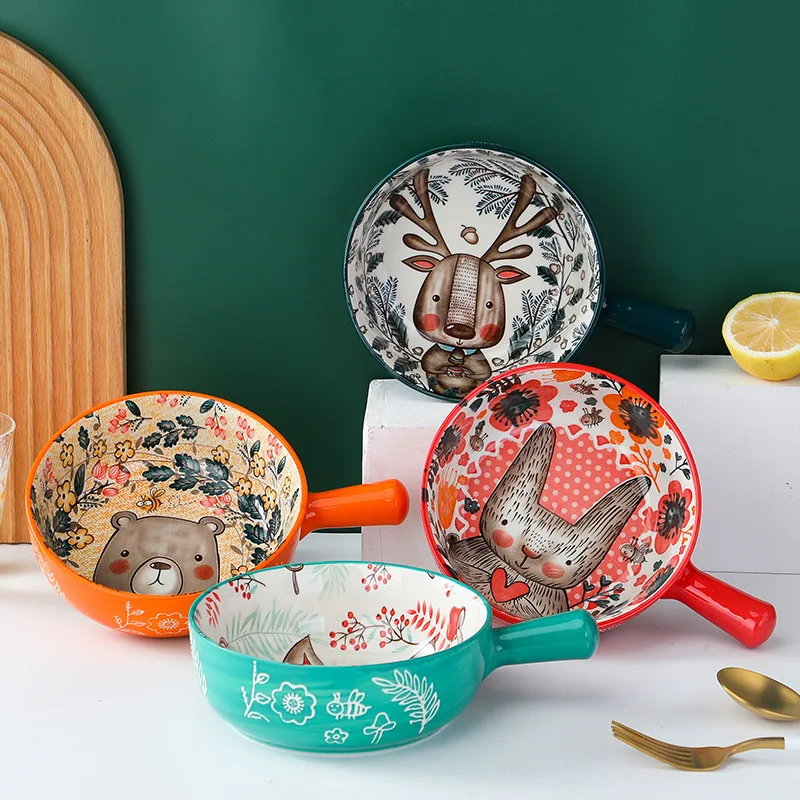 

Japanese-style Cartoon Underglaze Ceramic Hand-held Bowl, Household Microwave Oven Rice Baking Noodle Salad Bowl with Hand-held