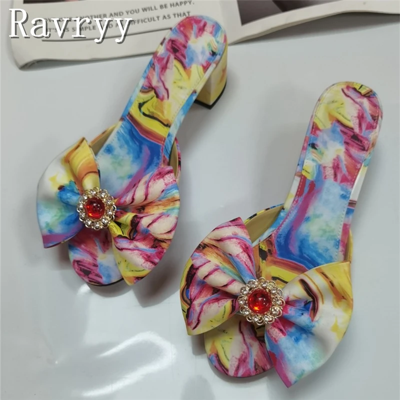 

Bohemian Style Multicolor Colors Satin Women Slippers Summer New Peep Toe Rhinestones Butterfly Knots Thick Heels Sandals