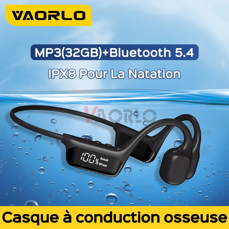 VAORLO Écouteurs à conduction osseuse Bluetooth 5.4 sans fil IPX8 casque de natation étanche lecteur MP3 casque stéréo Hifi avec microphone affichage numérique LED