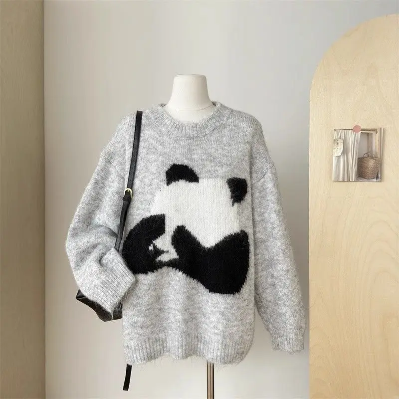 Women's 2024 New Sweater Jacquard Autumn Winter Design Cartoon Panda Embroidery Loose Fashion Casual Knitted Long Sleeved Top