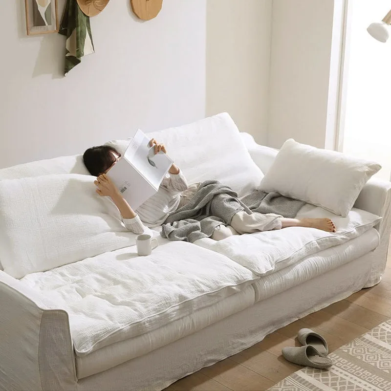 Super soft cloud double small apartment living room fully dismantled and cotton and linen down wabi sabi linen white fabric sofa