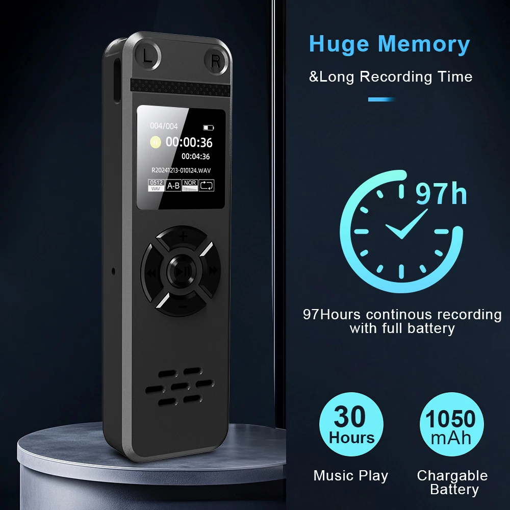 V98 مسجل صوت رقمي 1050 مللي أمبير بطارية ضخمة تسجيل صوتي 97 ساعة مسجل صوت منشط WAV 1536 كيلوبت في الثانية