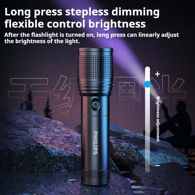 Philips ultra-long zoom infinitely dimmable flashlight multi-speed mode free switching multi-segment heat dissipation long grip