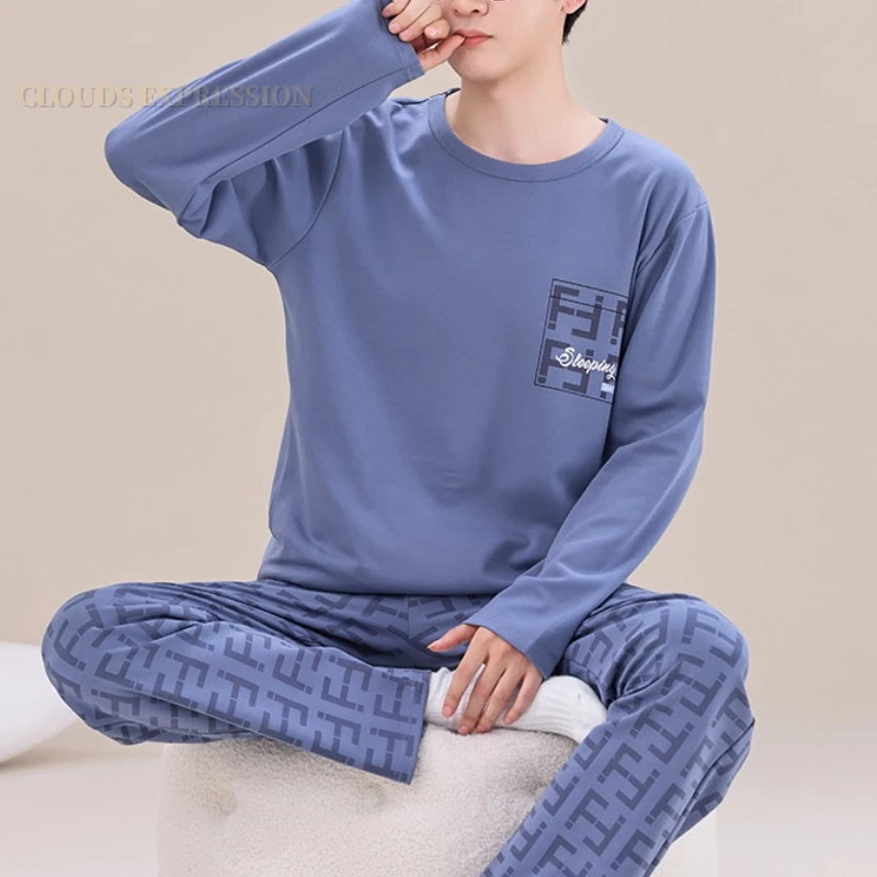 용수철 가을 플러스 5XL 니트 남성 잠옷, 레터 프린팅 잠옷 세트, 캐주얼 PJS 남성 라운지웨어 잠옷 패션