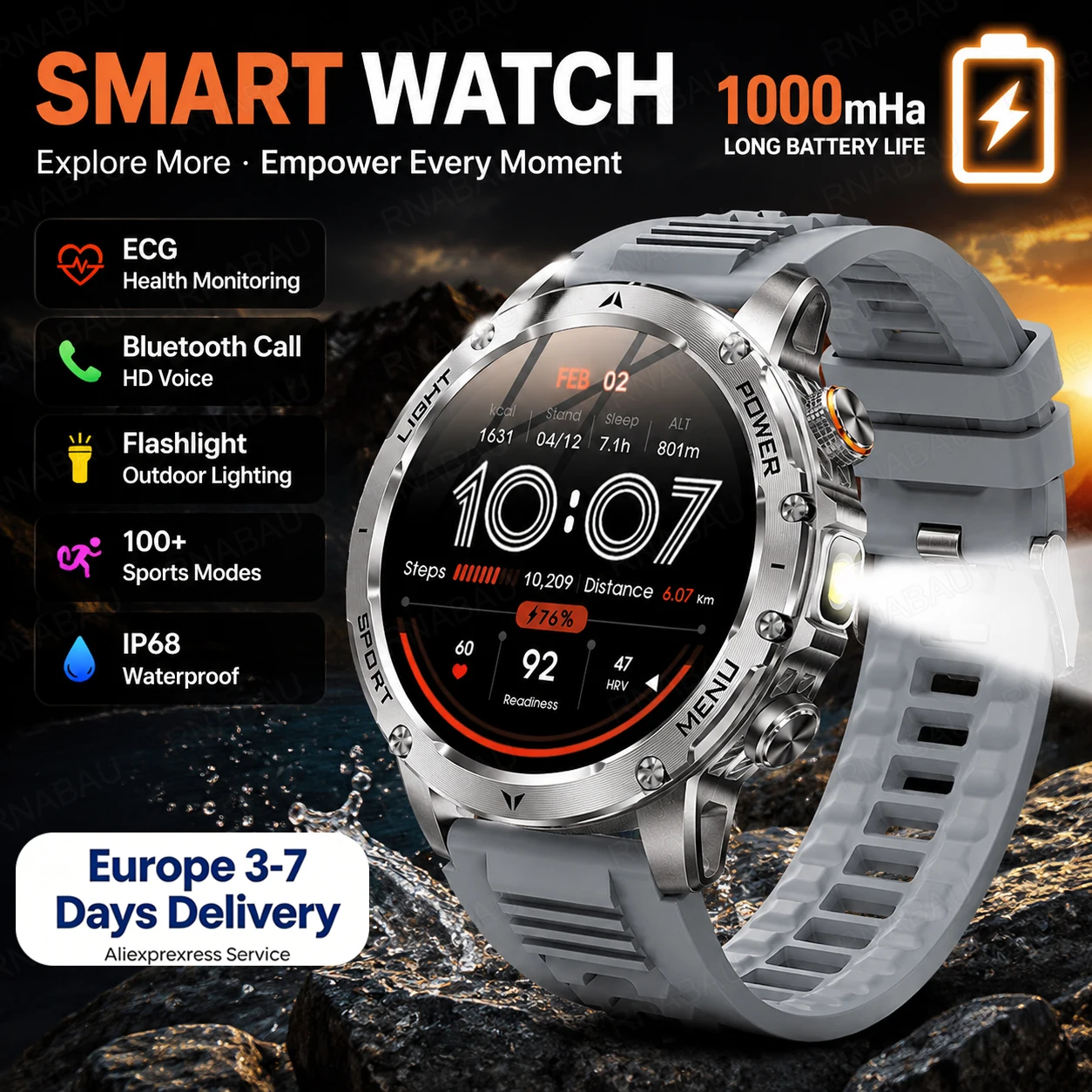 2026 Neue Smartwatch für Herren 1,7 Zoll AMOLED Bluetooth-Anruf Outdoor-Sportuhr IP68 Wasserdicht 100+ Sportmodi Große Batterie Fitness-Tracker für Android iOS