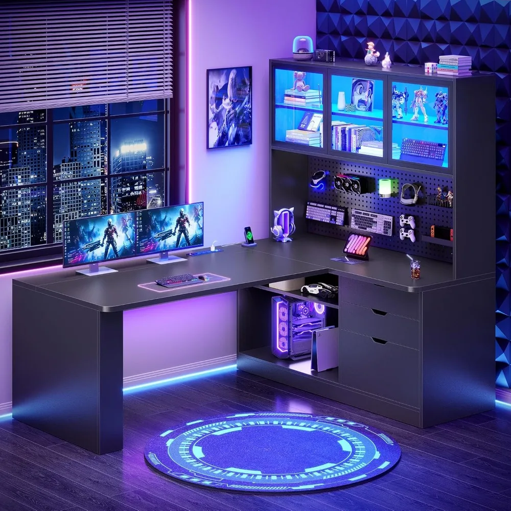 

L Shaped Computer Desk, L Shaped Corner Gaming Desk with 3 Wood Drawer and Large Bookshelf, Home Office Desk with LED Light