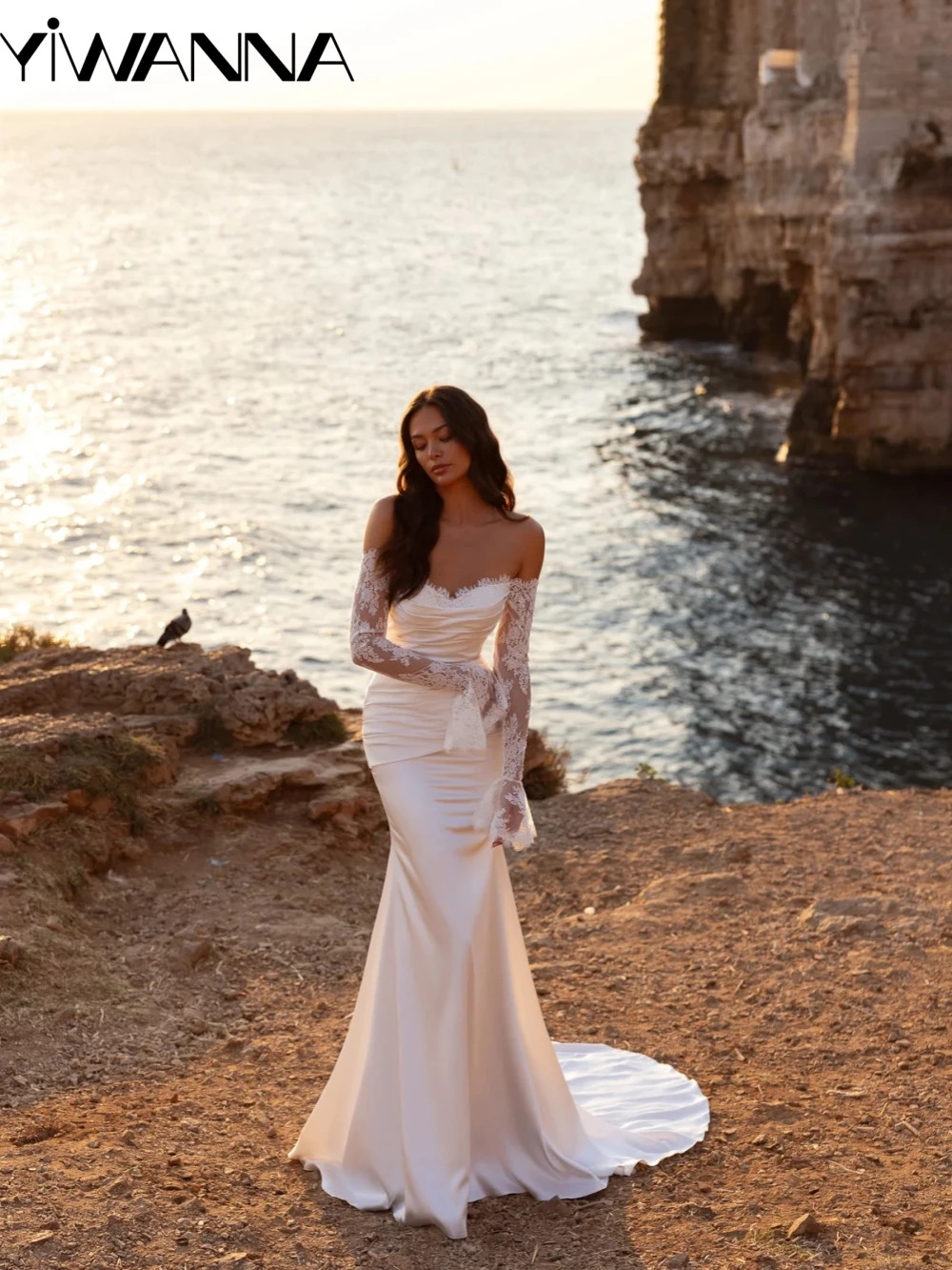 

Graceful Ivory Satin Mermaid Long Wedding Dress Charming Lace Off Shoulder Bridal Gown New Customized Dreamy Dresses For Bride