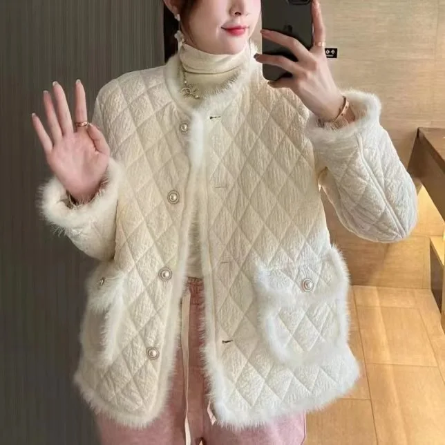 

Women Jacket Quilted Coats Warm Thick Overcoat Round Collar Single Breasted Pockets Office Lady Outerwear Autumn Winter 2025