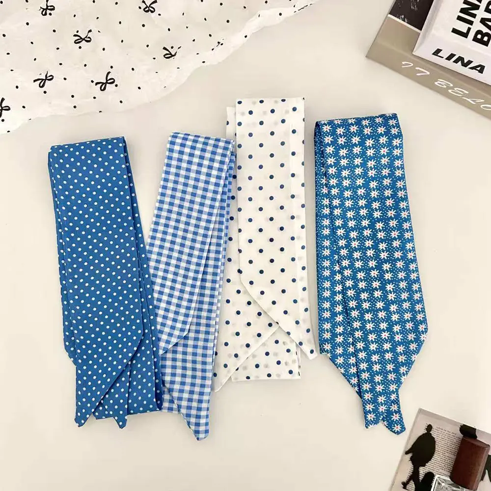 

Fresh Blue Polka Dot Print Long Silk Scarf Retro Style Neck Tie Headband Choker Women Fashion Neckerchief Bag Handle Ribbon