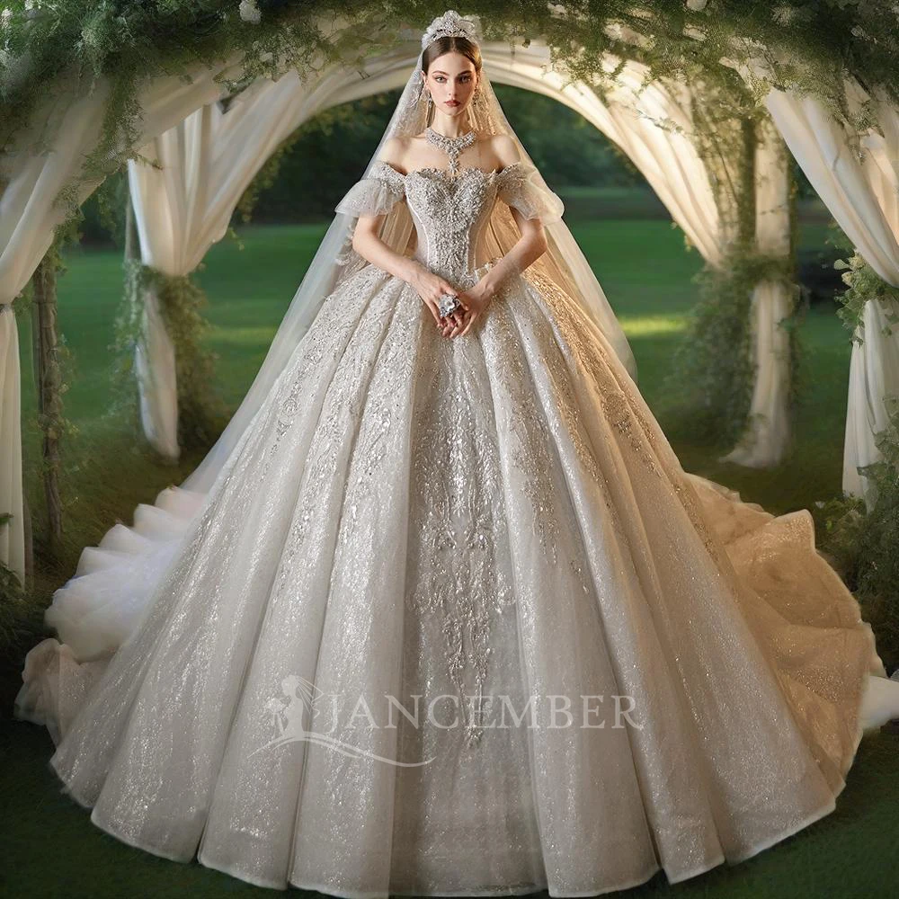 

Jancember Gorgeous Romantic Wedding Dress Sequins Ball Gown O-Neck Short Sleeves Beading Pleat Vestidos De Novia LSMX003