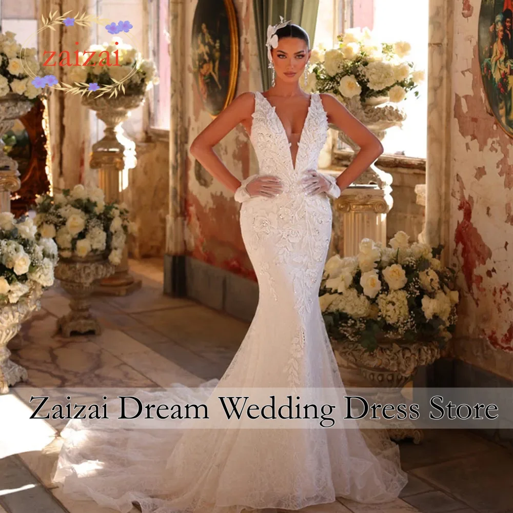 Customized Shoulder Straps Deep V-Neck Backless Beads Sequins Appliques Lace Mermaid Wedding Dresses Vestido De Noiva Sereia
