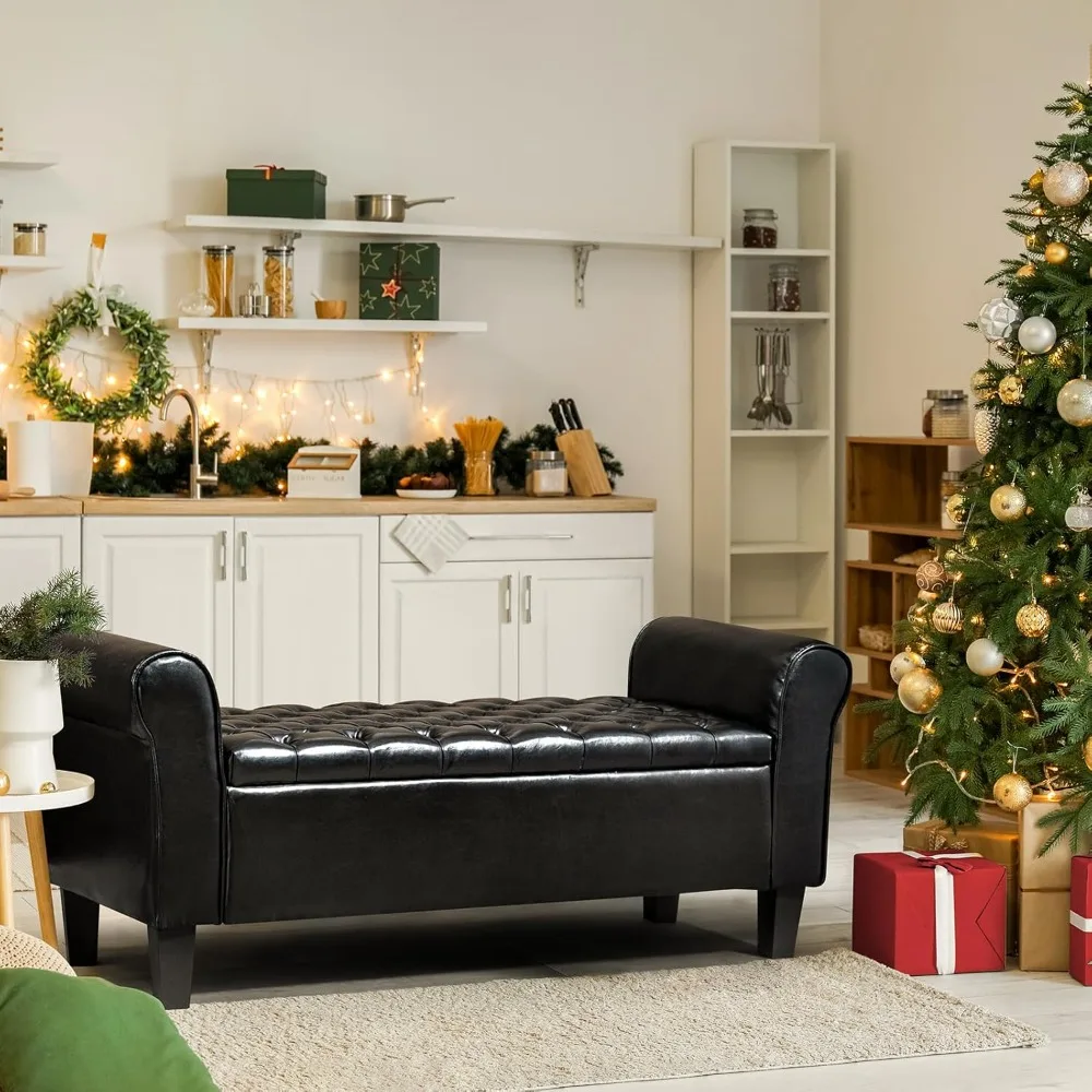 Storage Bench for Bedroom, Rolled Arm Ottoman, Rectangular Leather Upholstered Footrest for Living Room