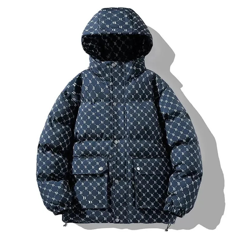 Autumn and Winter Fashion Trend Printed Thickened Warm Hooded Cotton-Padded Jacket Men's Loose Sports Large Size Windproof Coat