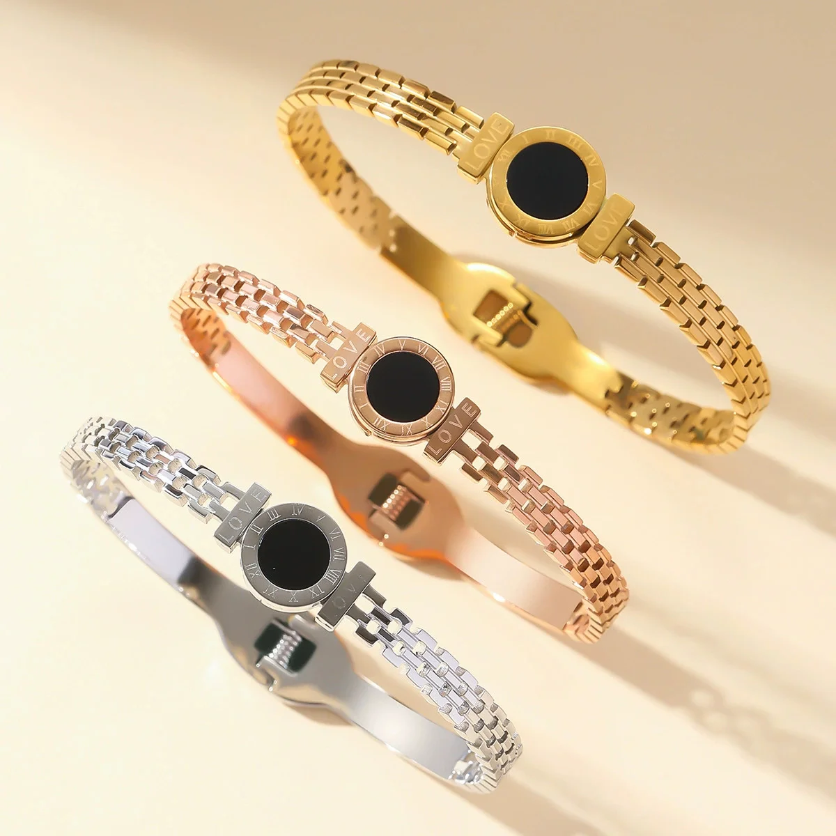 Fashion Bracelet For Women Black Acrylic Stainless Steel Couple Bracelet Carved Roman Numerals Girl Gift - Image 3