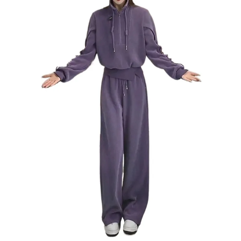 Conjunto de dos piezas de pantalones de pierna ancha de cintura alta para mujer, suéter con cuello levantado y media cremallera, color morado cálido, diseño a la moda