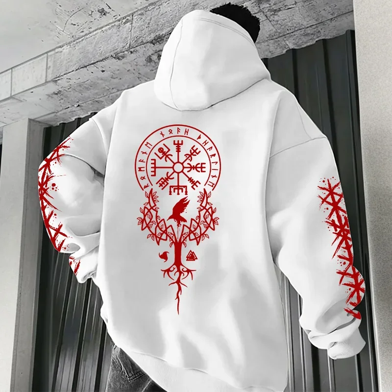 Winter- und Herbst-Edition Wikinger Nordische Runen Bedruckter Herren-Kapuzenpullover in Übergröße für Streetwear und Freizeitkleidung – Detail 4