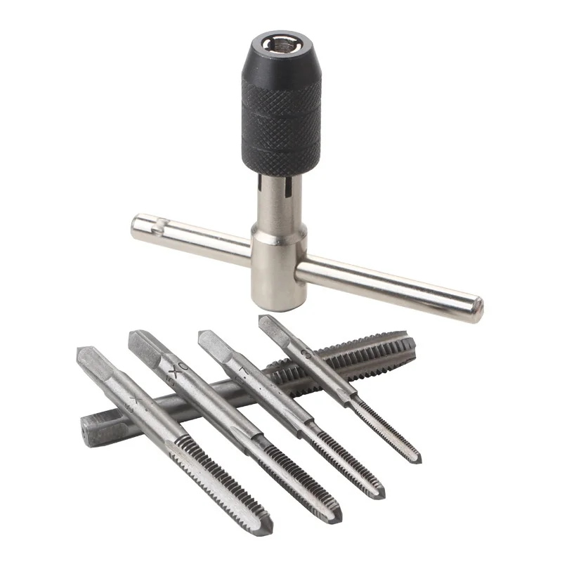 Handle Reamer With 5Pcs Straight Flute Taps High Speed Steel Manual Threading Tools M3-M8