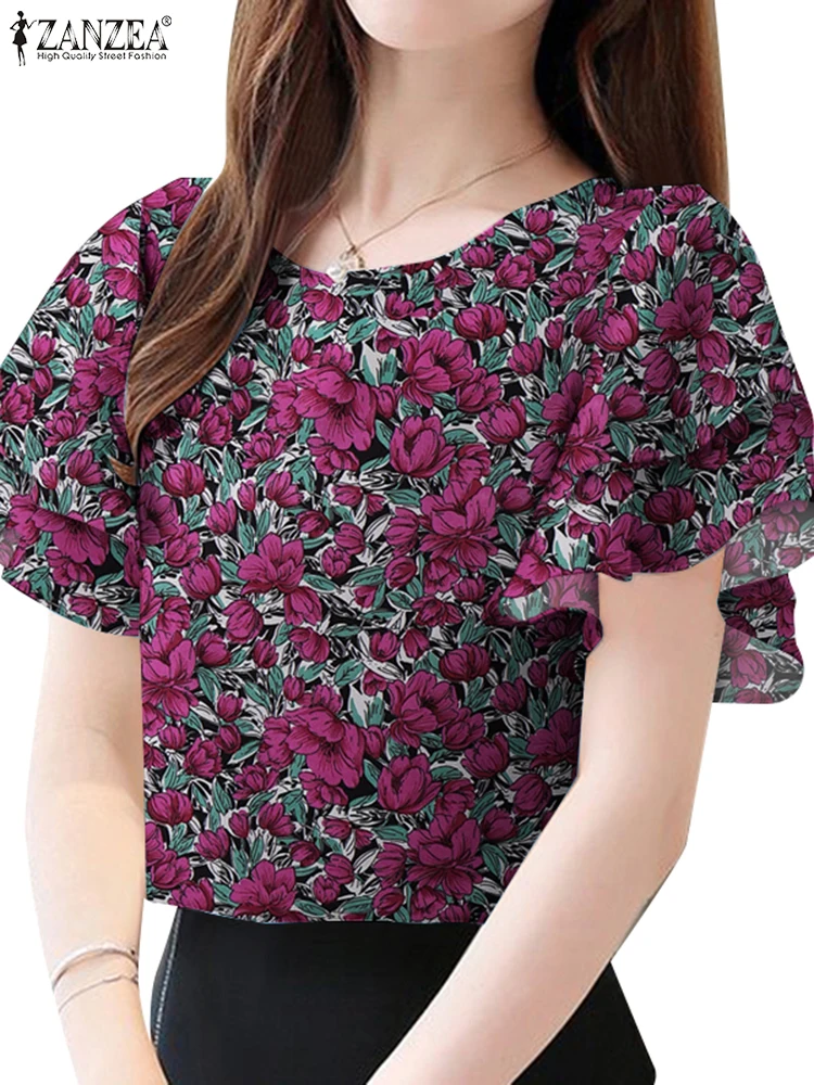 ZANZEA 여름 보헤미안 홀리데이 블라우스 여성 꽃 프린트 탑 우아한 캐주얼 비치 홀리데이 셔츠 O 넥 튜닉 블라우스 오버 사이즈