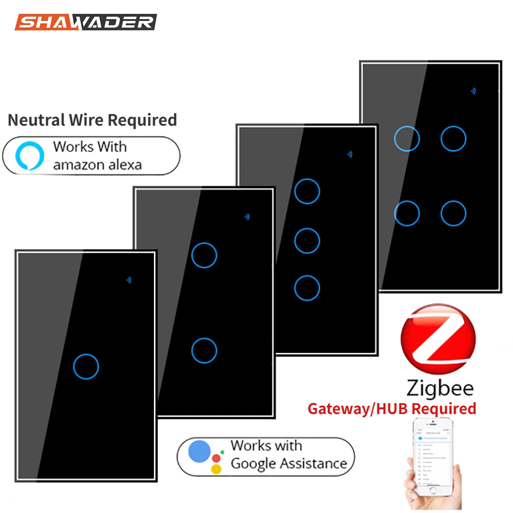 Zigbee Tuya Smart Life Touch US Wall Light Switch Rectangle Glass Panel 2/3 Way Wireless App Remote Control by Alexa Google Home