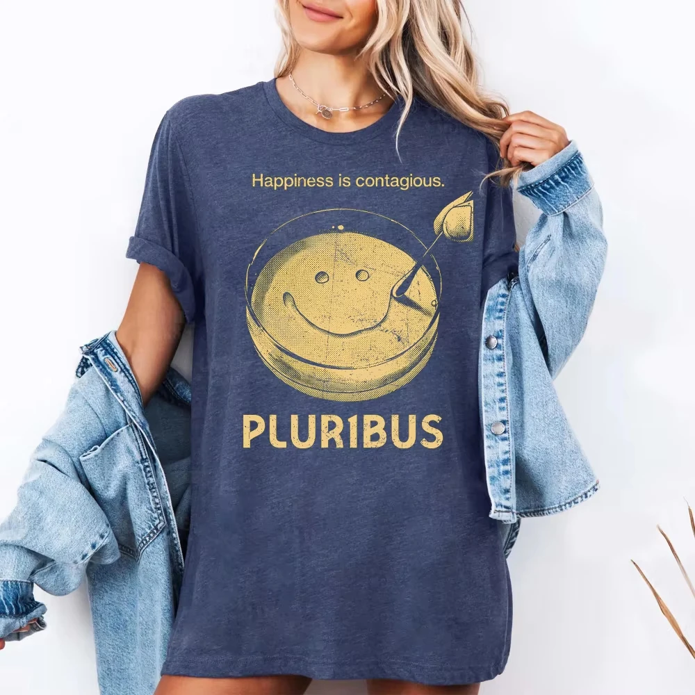 Pluribus Shirt Happiness Is Contagious Tee Vintage Sci-Fi Gift T-Shirt Short Print Oversized Unisex T-shirt high quality Couples