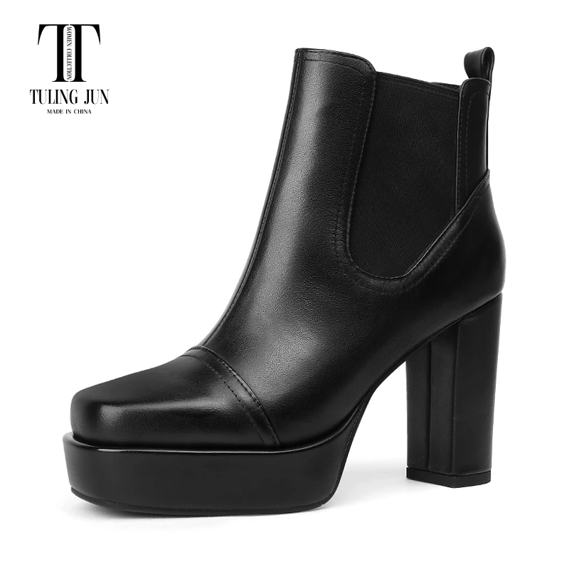 

TULING JUN 2023 Winter Mature Famale Square Head Super High Heels Shoes Solid Color Concise Ankle Boots For Womens T-112