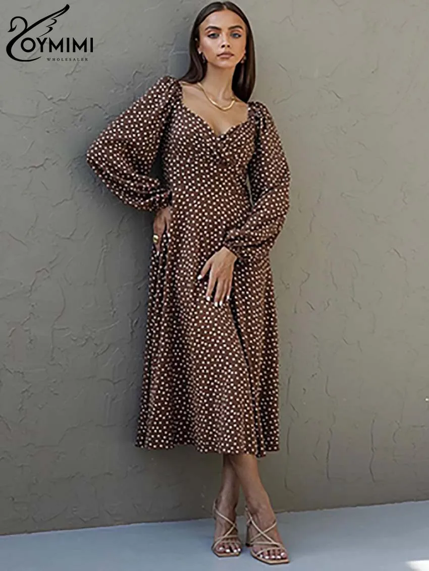 

Oymimi Casual Brown Print Dresses 2024 Women Fashion V-Neck Long Sleeve High Waist Dresses Elegant Pleated Mid-Calf Dress Female