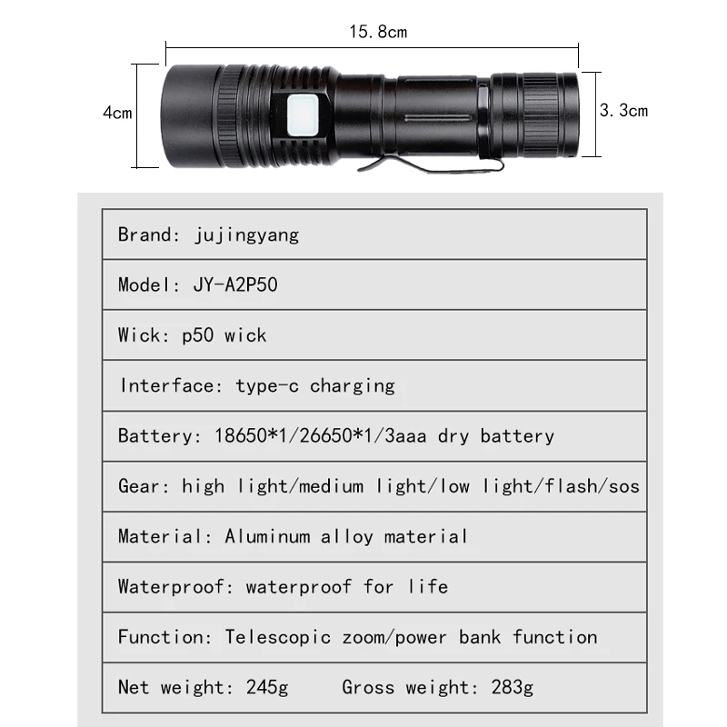 Lanterna LED recarregável, luz forte, telescópica, focagem, impermeável, Metal Clip