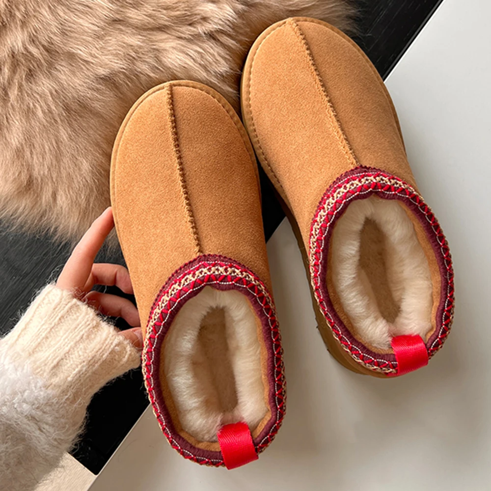 KZZO New Arrive Women Ultra Mini Platform Snow Boots Cow Suede Leather Natural Wool Fur Lined Ankle Winter Warm Shoes Maroon