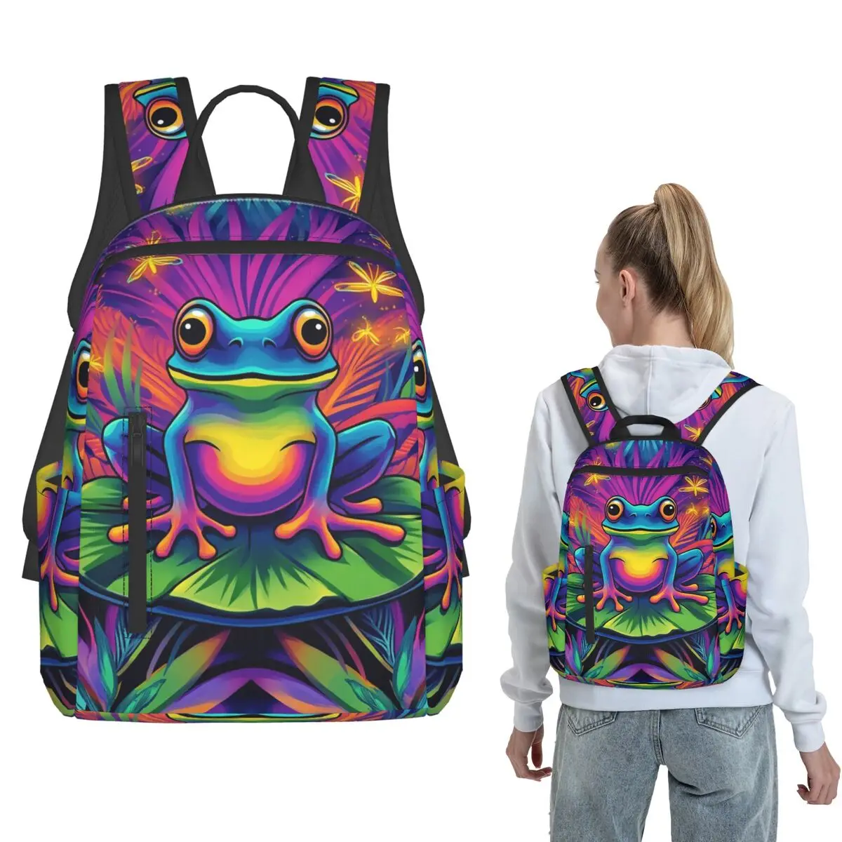 

Vibrant Colorful Graffiti Frog Print Backpack Daypack Children BookBag School Bag Shoulder Bags for Men Women