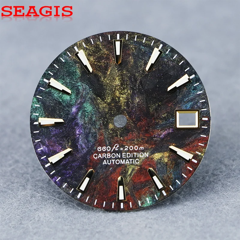 SEAGIS Carbon Fiber 28.5mm Dial Multi-Colorful Domain Dial NH35 MOVT No LOGO Blue Luminous Watch Face Watch Accessories
