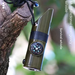 7in1 Emergency Survival Whistle Compass Multifunction Tool Magnifier Flashlight Storage Container Thermometer for Camping Hiking