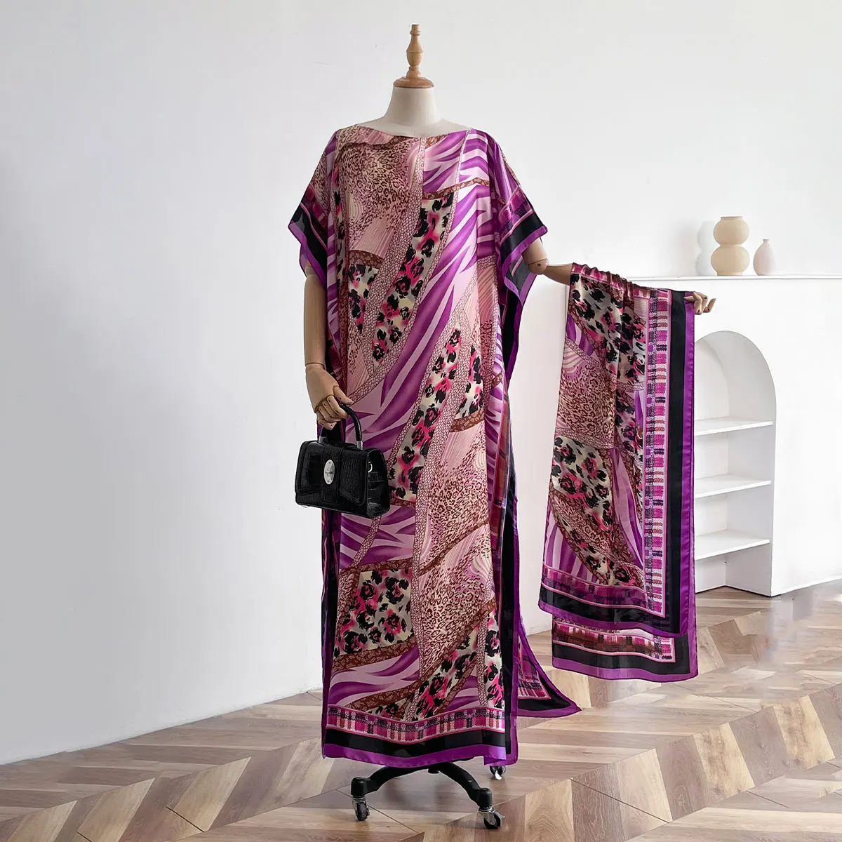 

2026 New Style Fashion Oversize African Women Clothing Dubai Dashiki Abaya Folral Print Design With Scarf Loose Long Dress Scraf