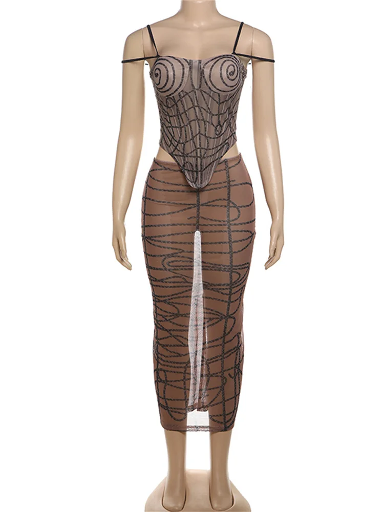 

Insglas See Through 2 Piece Set Women Stripe Print Camisoles+Long Skirts Matching Midnight Clubwear Coquette Party Sexy Suits