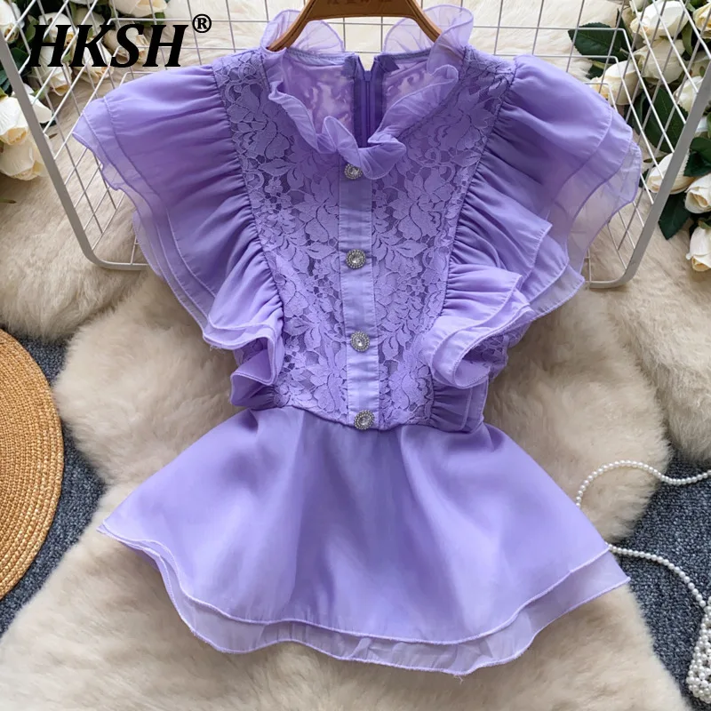 

HKSH Summer New Women Ins Fashion Elegant Temperament High-End Flying Sleeve Tees Casual Lace Ruffles Button Decorate Top HK6040