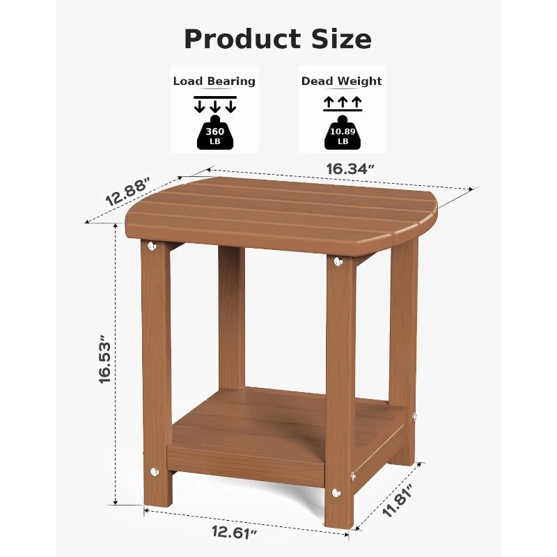 Outdoor Side Table, 2-Tier Sturdy Patio End Table Weather Resistant, Morden Side Table for Patio, Pool, Porch, Teak