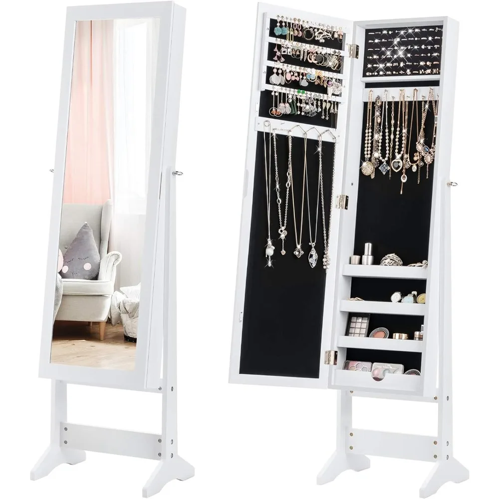 

Jewelry Cabinet with Full-Length Mirror, Standing Jewelry Armoire Organizer with 64 Earring Slots, 20 Necklace Hooks