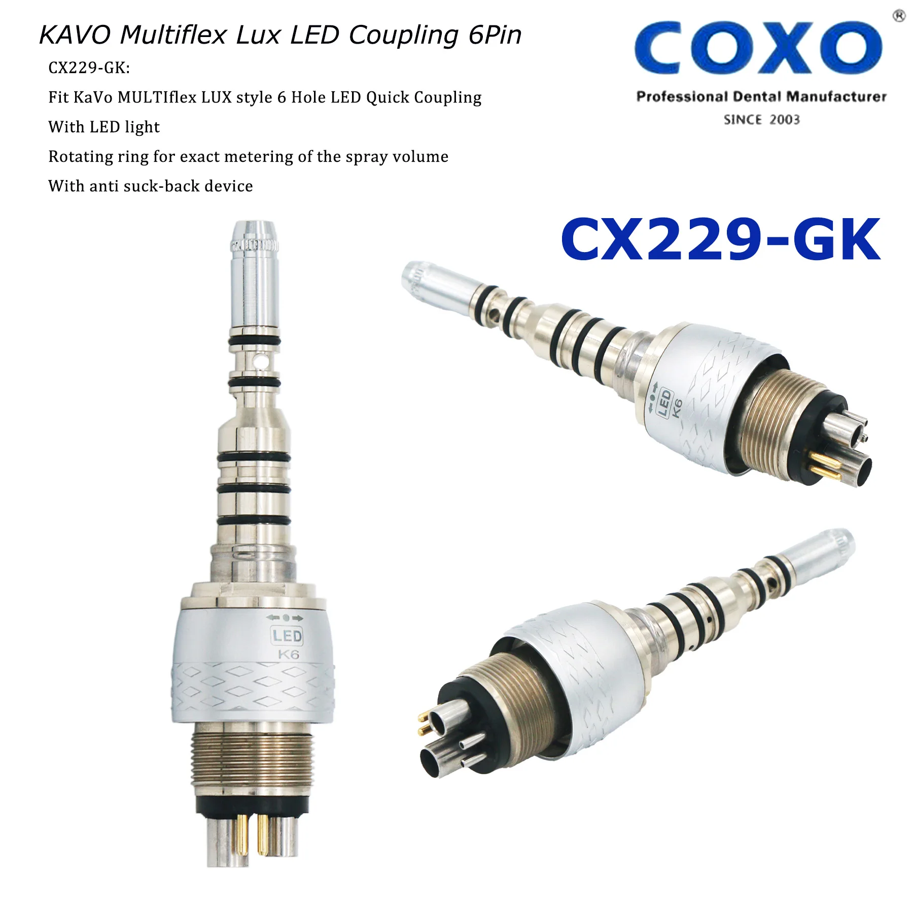 

COXO YUSENDENT LED Fiber Optic High Speed Turbine Handpiece LED Coupler Coupling 6Pin 6Holes CX229-GK KAVO Multiflex LUX Type