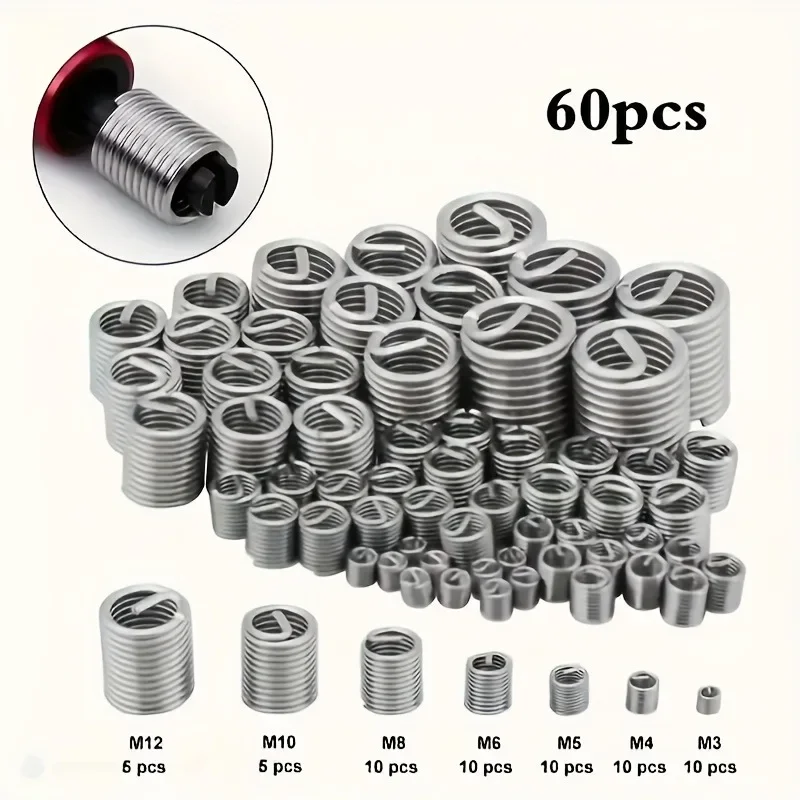 60pcs Stainless Steel Thread Repair Kit M3 to M12 Sizes Durable Metal Fasteners for Restoring Damaged Threads Full Coverage