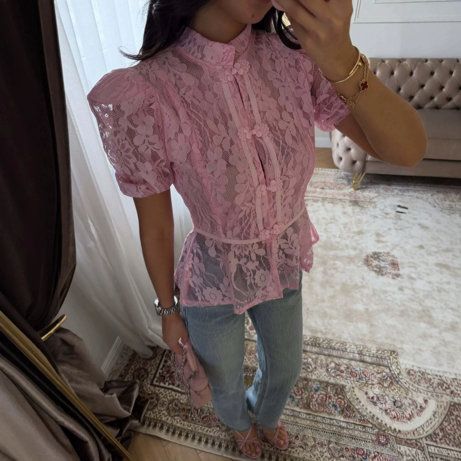 Women Lace Button Up Top With Stand Up Collar Bubble Sleeves Waist Cinching Hollowed Out Shirt Lady Daily Spring Summer Shirts
