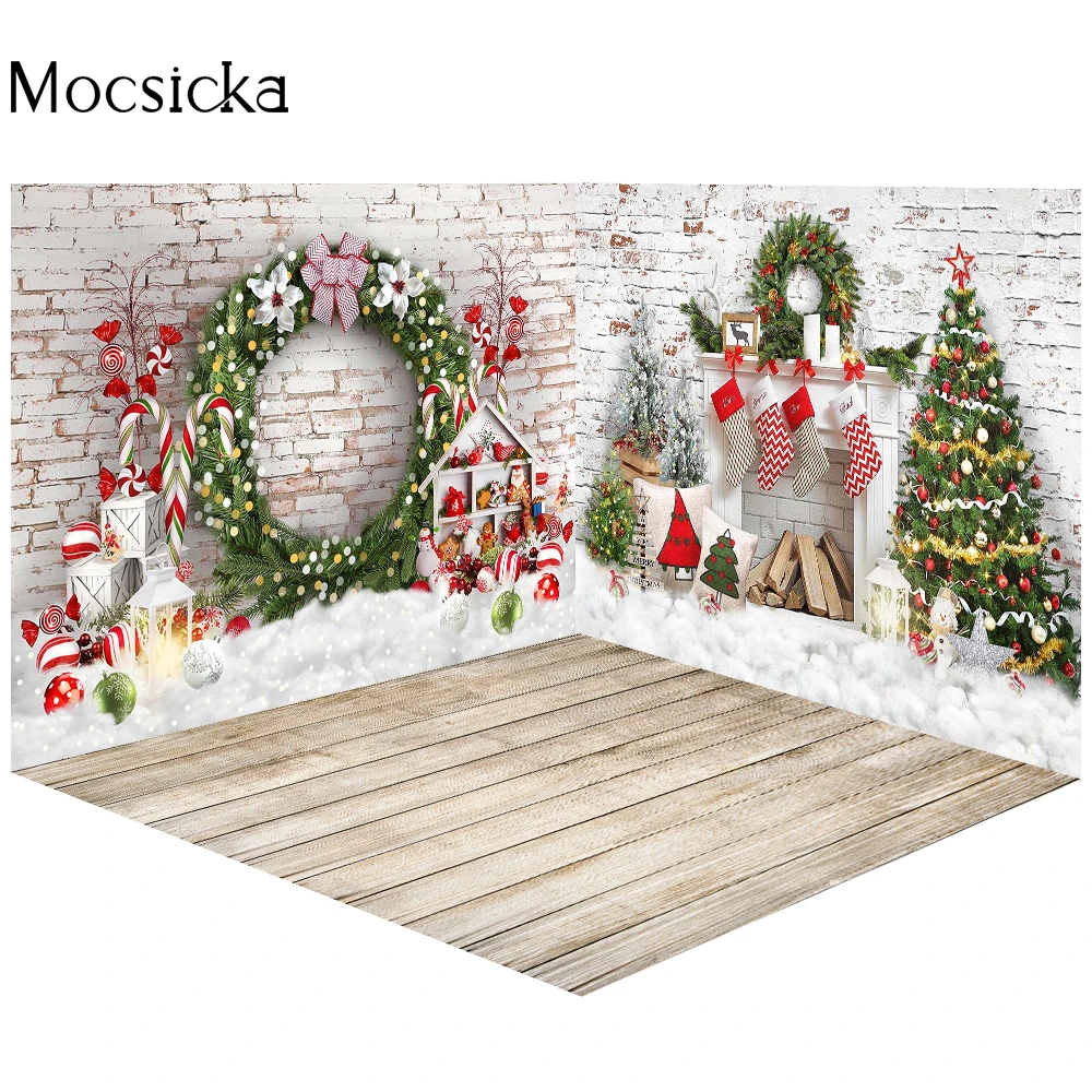 Mocsicka Christmas Room Set Photography Backdrop Interior White Fireplace Decorations Background Portrait Studio Prop Xmas Decor