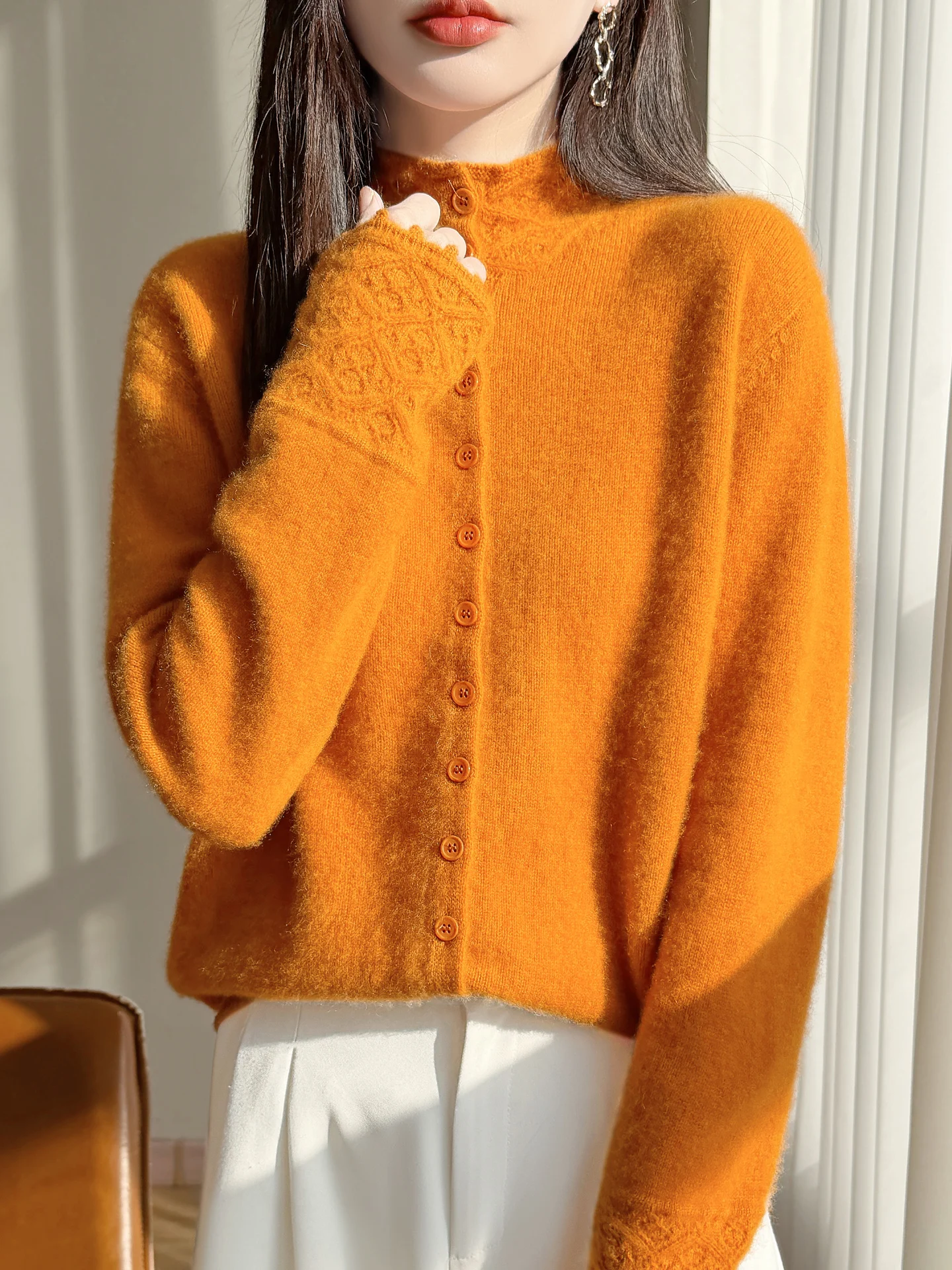 Autumn Winter 100% Pure Wool Knit Cardigan Sweater Women's Soild Designer Single Breasted Turtle Neck Elegant Versatile Jacket