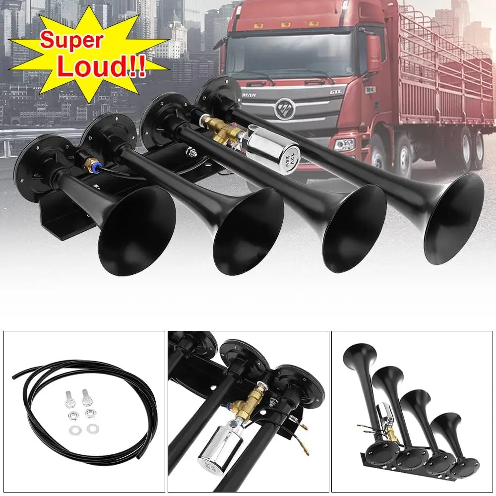 12V/24V 4 Trumpet Electric Train Air Horn Kit 105-115 DB Loud Train Horns 500-800Hz 0.8-0.9MPA Air Horns For Trucks Cars Vehicle