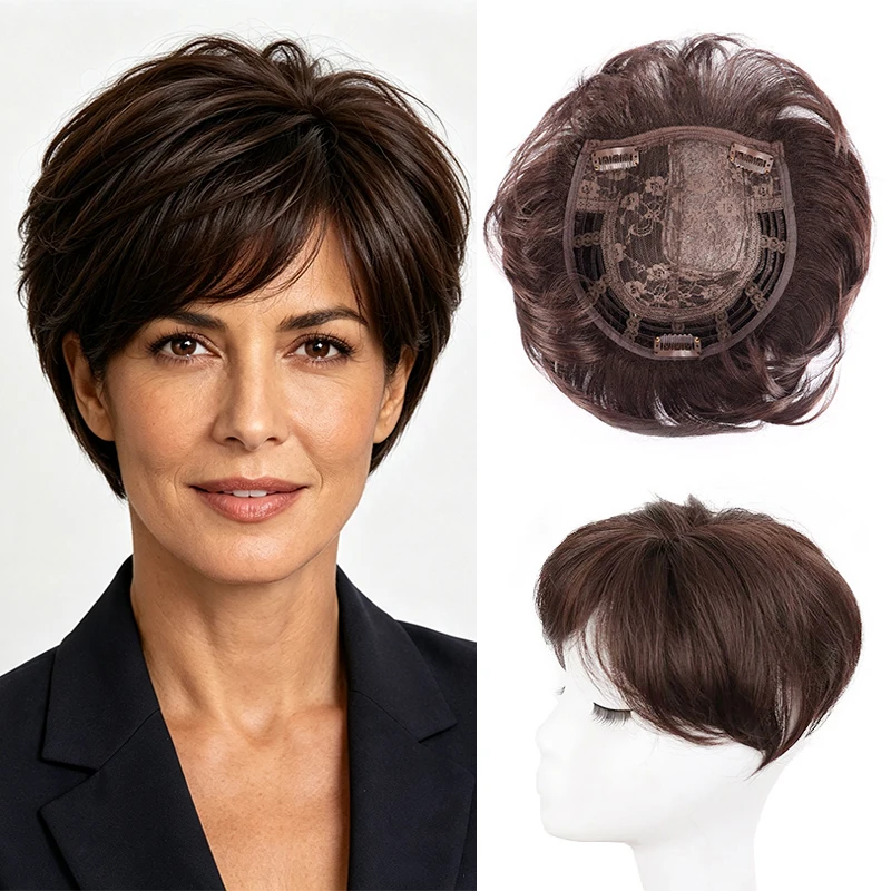 Short Fluffy Hair Topper Straight 6 Inch Toupee Hair Pieces for Thin Hair with Side Bangs Synthetic Fiber Short Layered Hair Wig