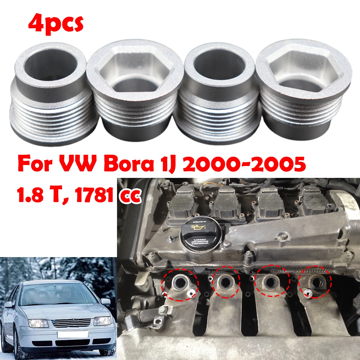 

4pcs/set Aluminum alloy Fuel Injection Valve Injector Insert Cup Seat Kit 058133555 For VW Bora 1J 2000 2001-2005 1.8 T 1781 cc