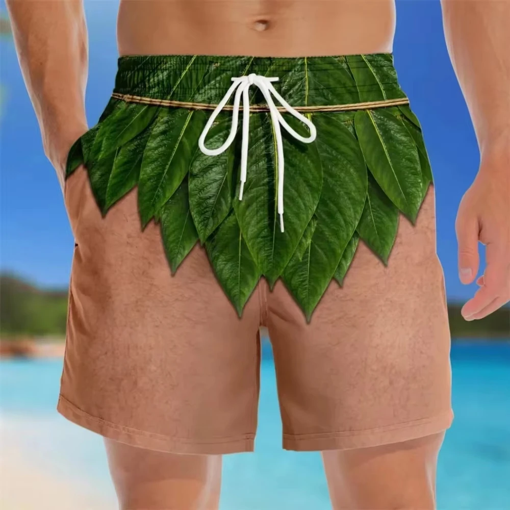 Tropical Ti Leaf Print Beach Shorts Hawaiian Grass Skirt Board Shorts Quick Dry Drawstring Swim Trunks Surf Family Matching