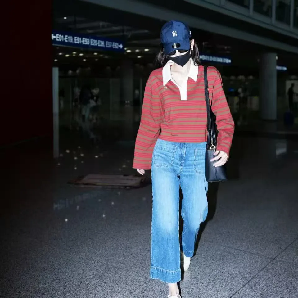 

Retro Red Striped Long Sve T-irt Turn-down Collar Naza Sle College Wind Cotton Casual Women's Top for Autumn Winter