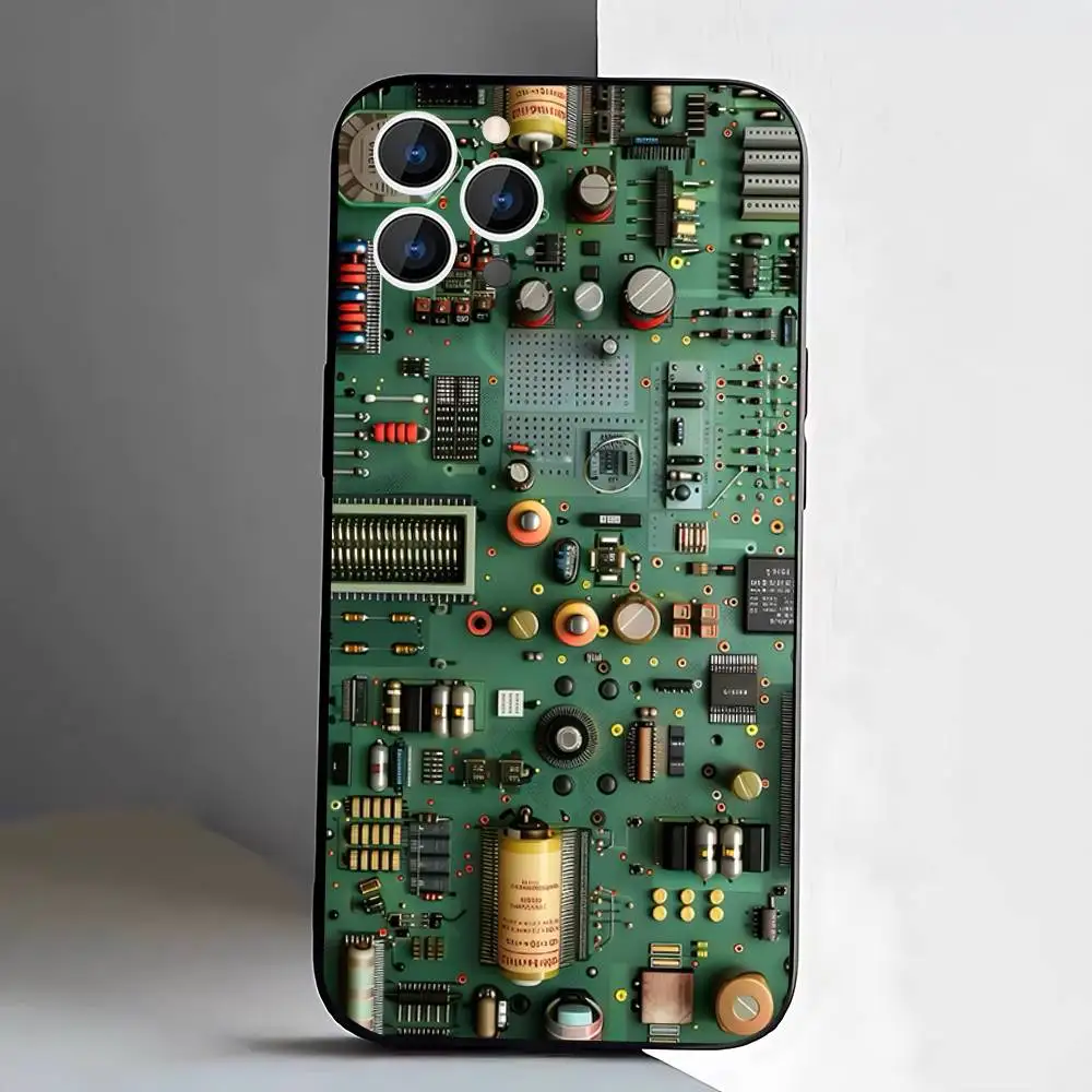 Circuit Board Phone Case For iPhone 17,16,15,14,13,12,11,Pro,XS,Max,XR,Plus,E,SE4,Mini Black Soft Cover