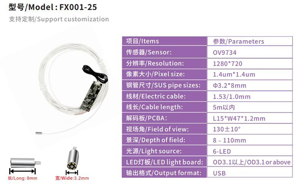 Miniatura Endoscópio Camera Module, Medição de Precisão Instrumentos para Lentes e Componentes Ópticos, 3.2mm Diâmetro
