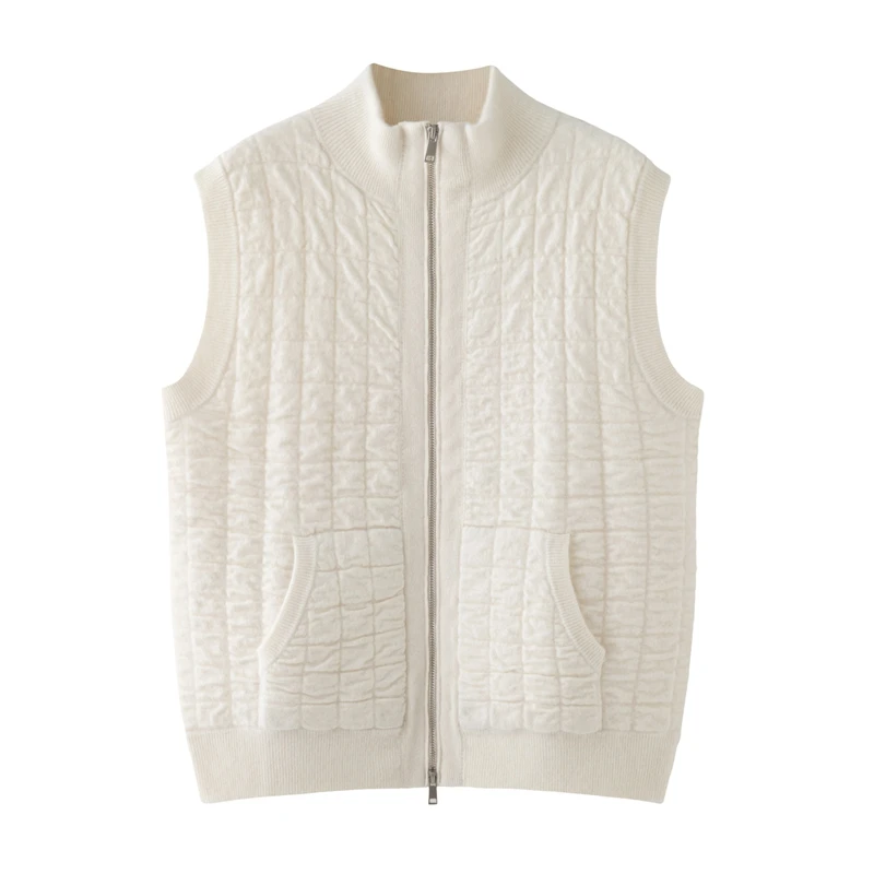 Women 100% Cashmere Knit Waistcoat Autumn Winter Thick Sleeveless Sweater Mock Neck Zipper Knitting Cardigan Vest Cashmere Top