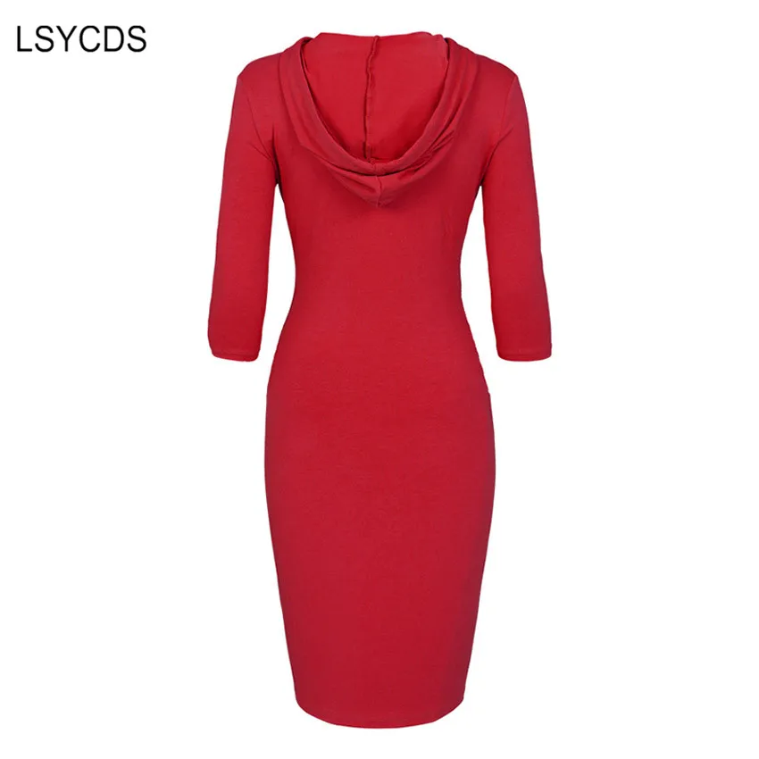 LSYCDS Fashion Hoodie Dress for Women Spring Autumn 3/4 Sleeve Cotton Pencil Dress Woman Sweatshirt Red Casual Dresses